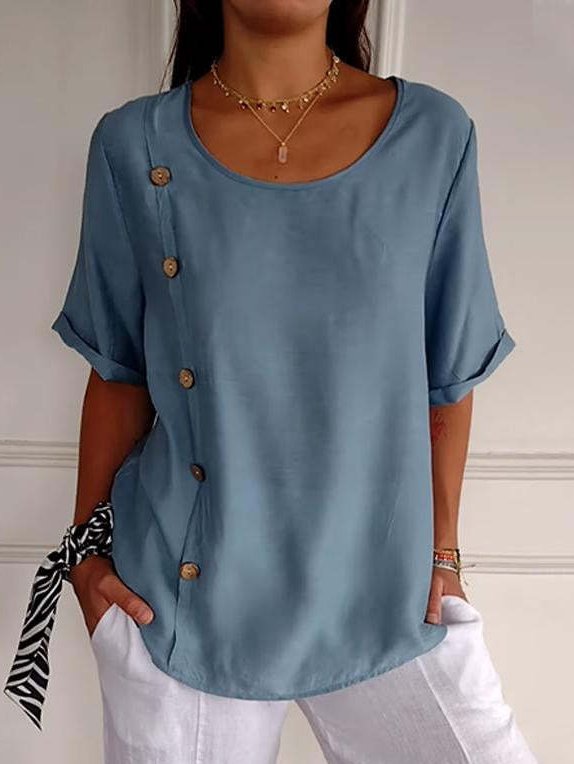 Crew Neck Short Sleeve Plain Buckle Regular Loose Blouse For Women