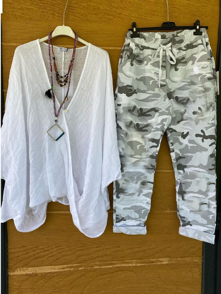 Women Camo V Neck Three Quarter Sleeve Comfy Casual Top With Pants Two-Piece Set