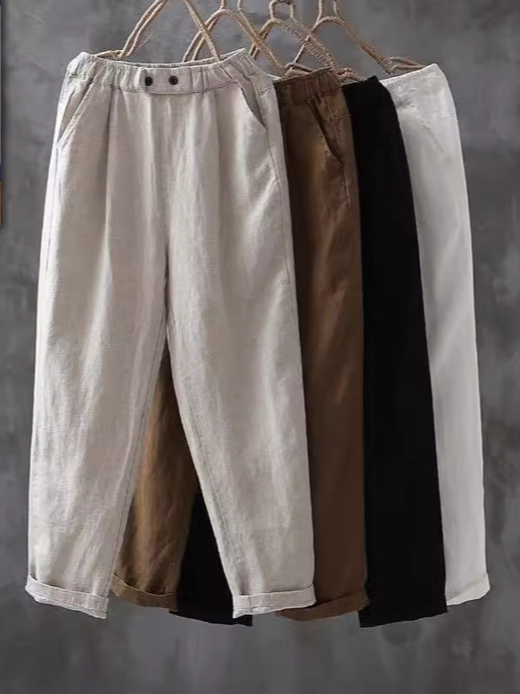 Casual Plain Cotton And Linen Long Pants