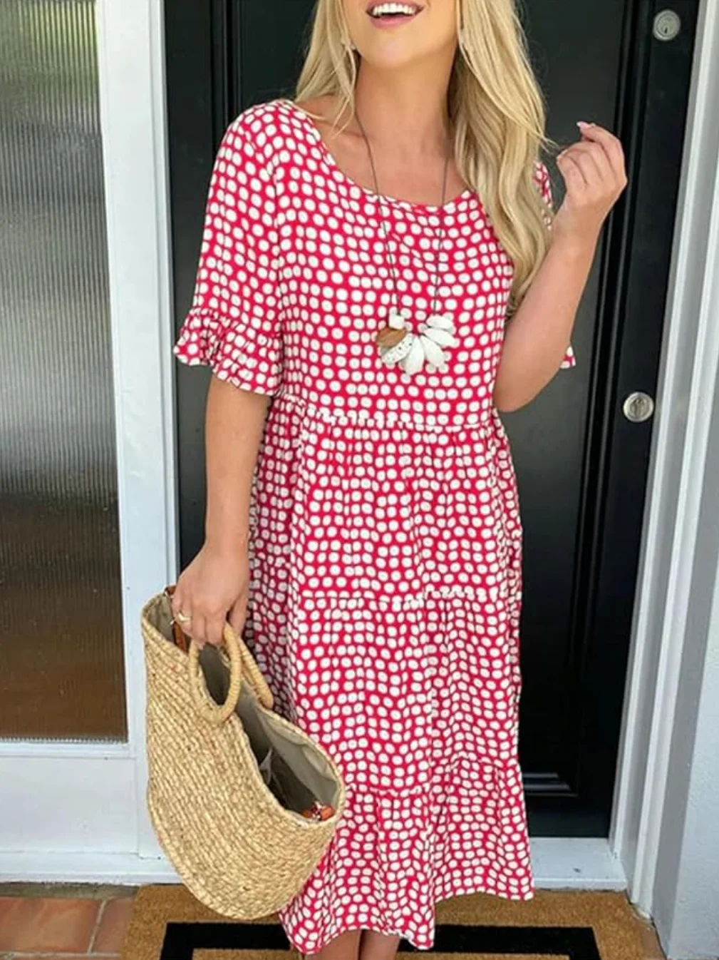 Women Polka Dots Crew Neck Short Sleeve Comfy Casual Midi Dress