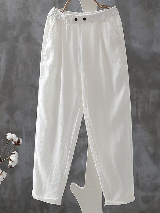 Casual Plain Cotton And Linen Long Pants