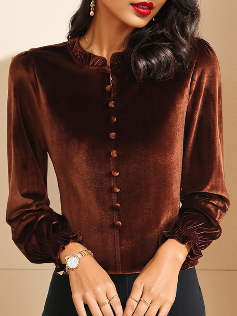 Lotus Leaf Collar Long Sleeve Plain Buckle Regular Medium Elasticity Regular Fit Blouse For Women