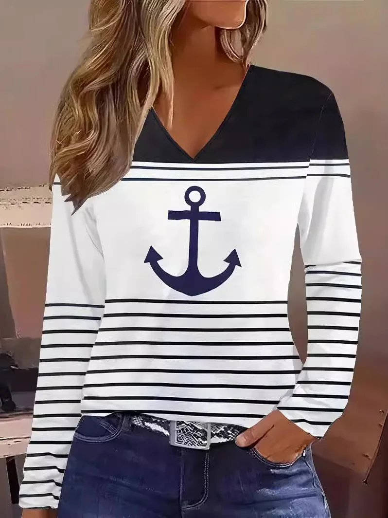 Casual Striped V Neck Long Sleeve T-shirt