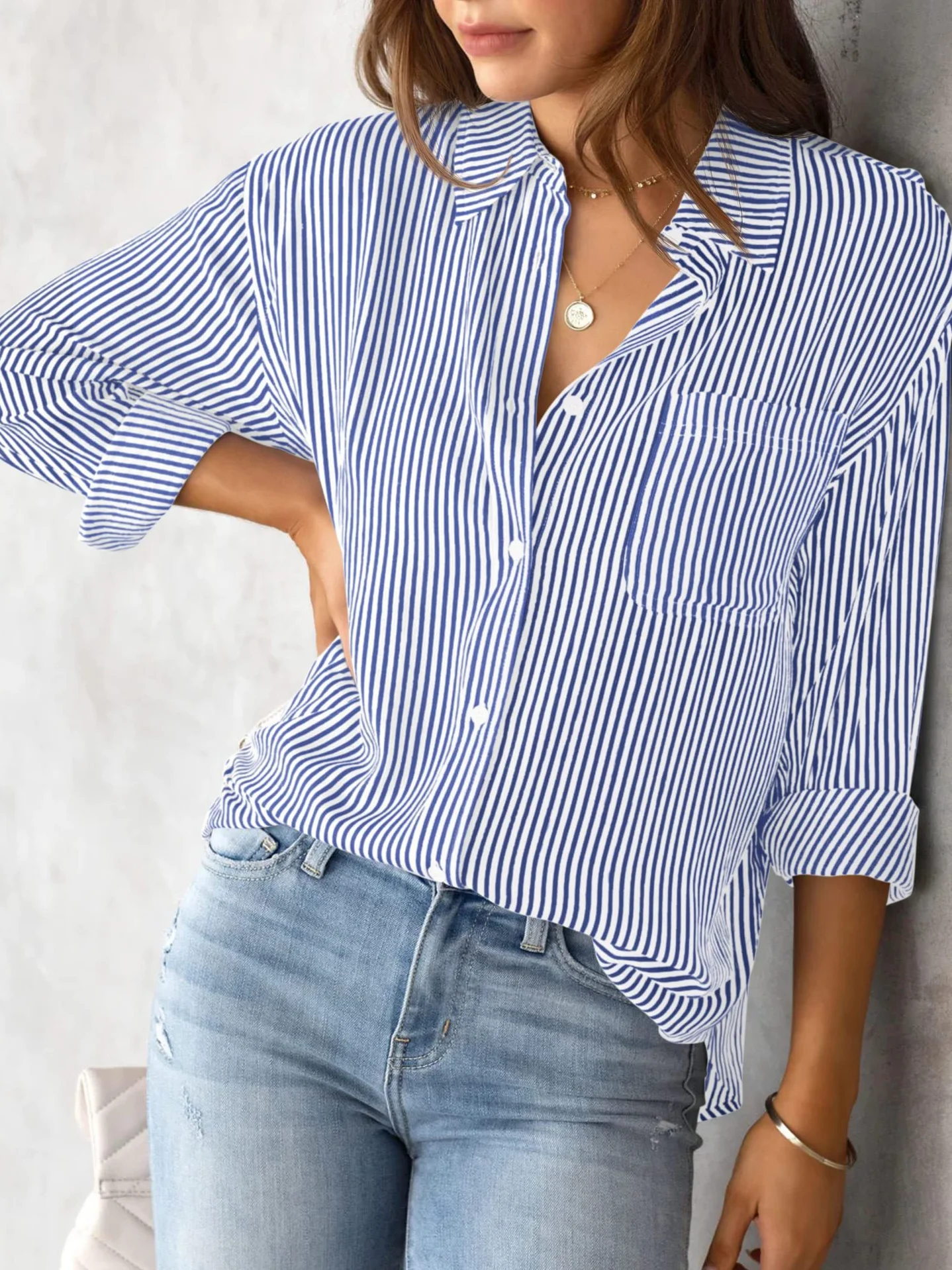 Shirt Collar Long Sleeve Striped Regular Loose Shirt For Women