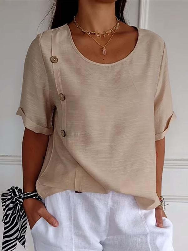 Crew Neck Short Sleeve Plain Buckle Regular Loose Blouse For Women