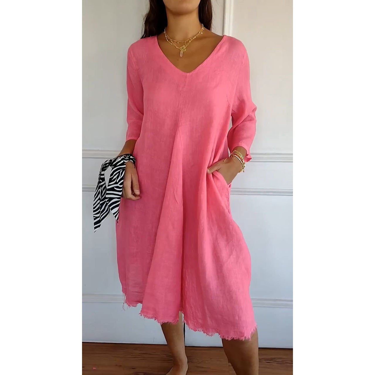 Women Plain V Neck Three Quarter Sleeve Comfy Casual Midi Dress