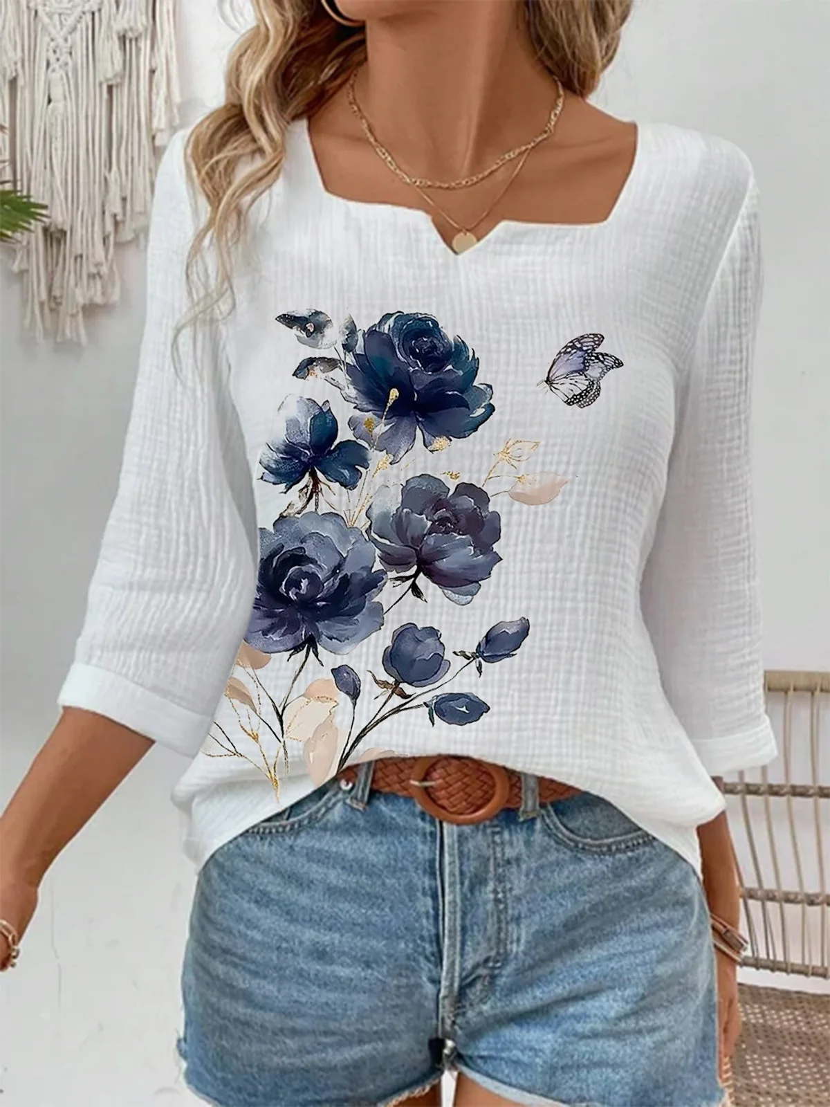 Casual Floral Notched Three Quarter Sleeve T-shirt