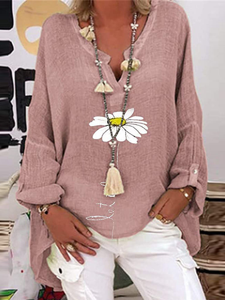 V Neck Long Sleeve Daisy Regular Loose Blouse For Women