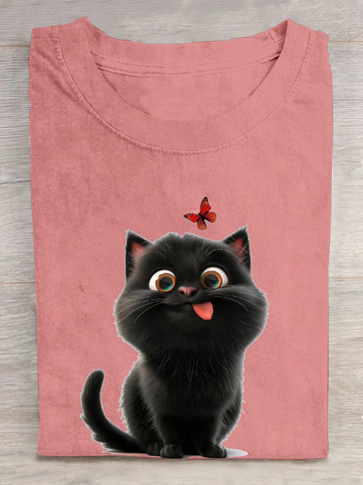 Casual Cat Crew Neck Short Sleeve T-shirt