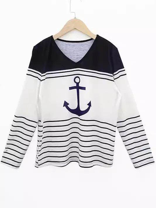 Casual Striped V Neck Long Sleeve T-shirt