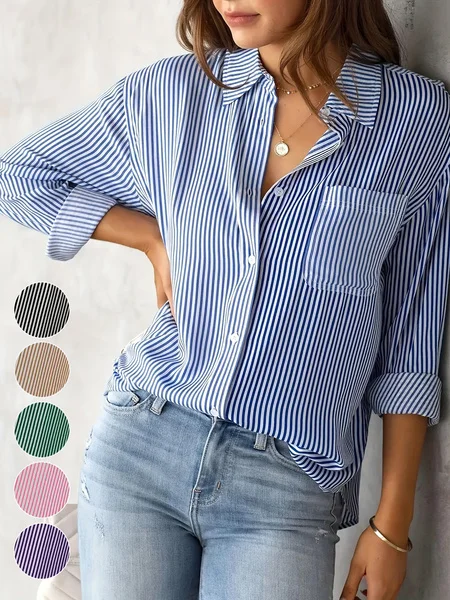 Shirt Collar Long Sleeve Striped Regular Loose Shirt For Women