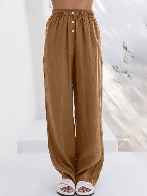 Women Casual Plain Cotton And Linen Long Buckle Loose Pants