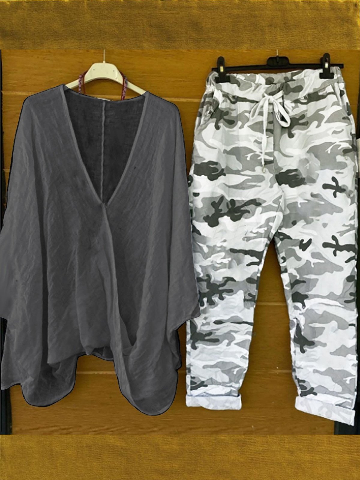 Women Camo V Neck Three Quarter Sleeve Comfy Casual Top With Pants Two-Piece Set