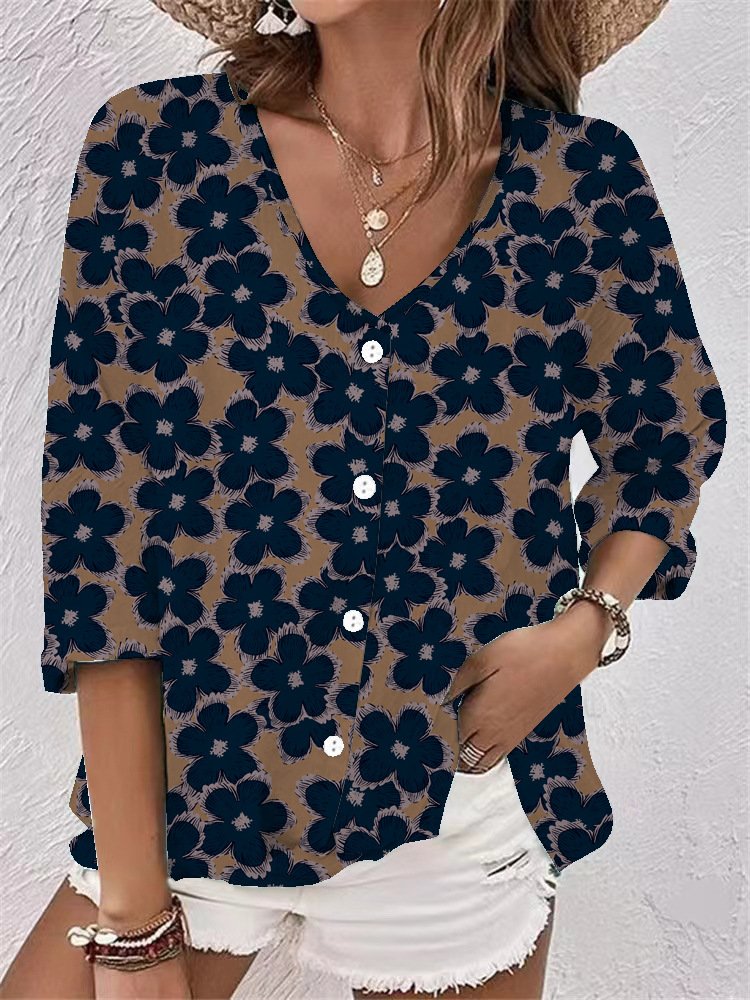 V Neck Long Sleeve Geometric Regular Loose Shirt For Women