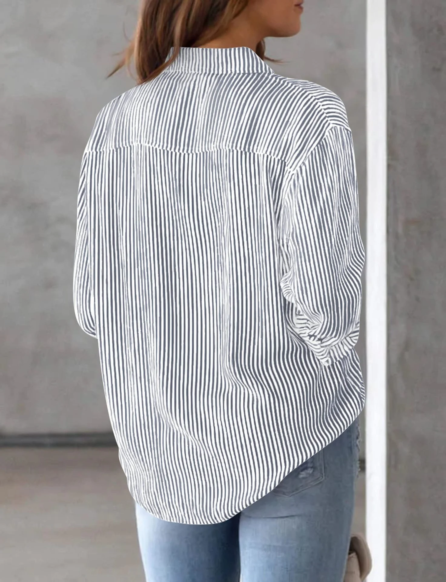 Shirt Collar Long Sleeve Striped Regular Loose Shirt For Women