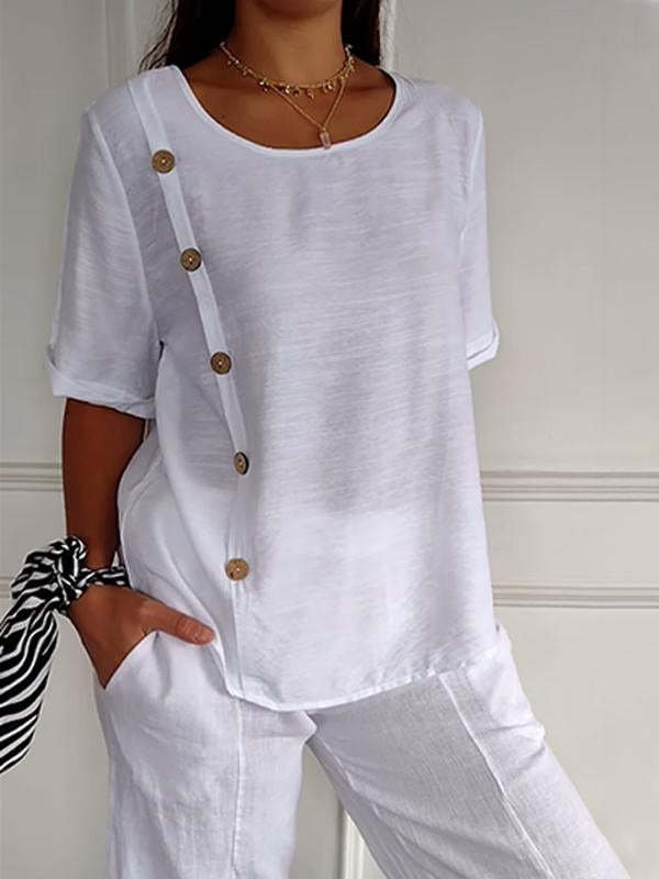 Crew Neck Short Sleeve Plain Buckle Regular Loose Blouse For Women