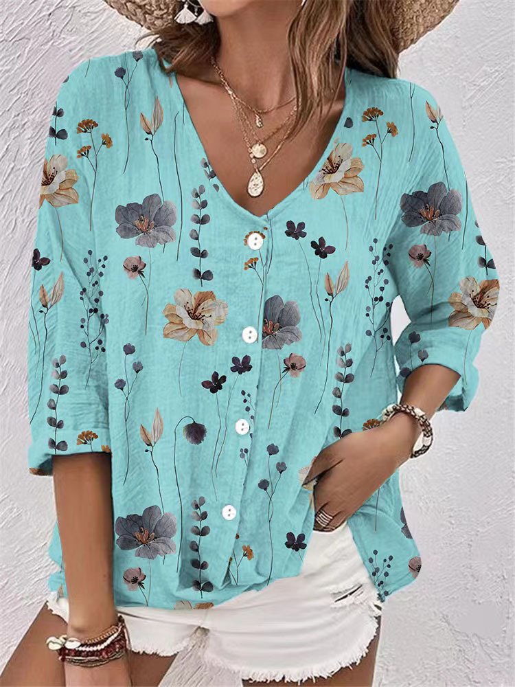 V Neck Long Sleeve Geometric Regular Loose Shirt For Women