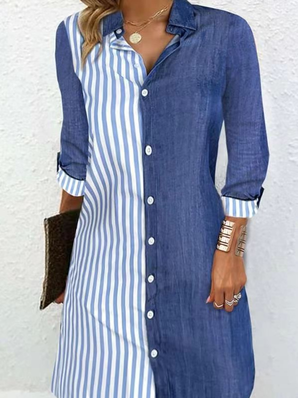 Women Striped Shirt Collar Three Quarter Sleeve Comfy Casual Mini Dress