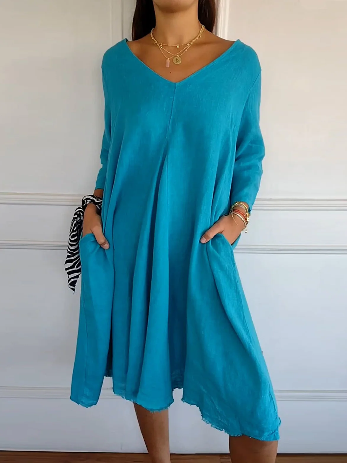 Women Plain V Neck Three Quarter Sleeve Comfy Casual Midi Dress