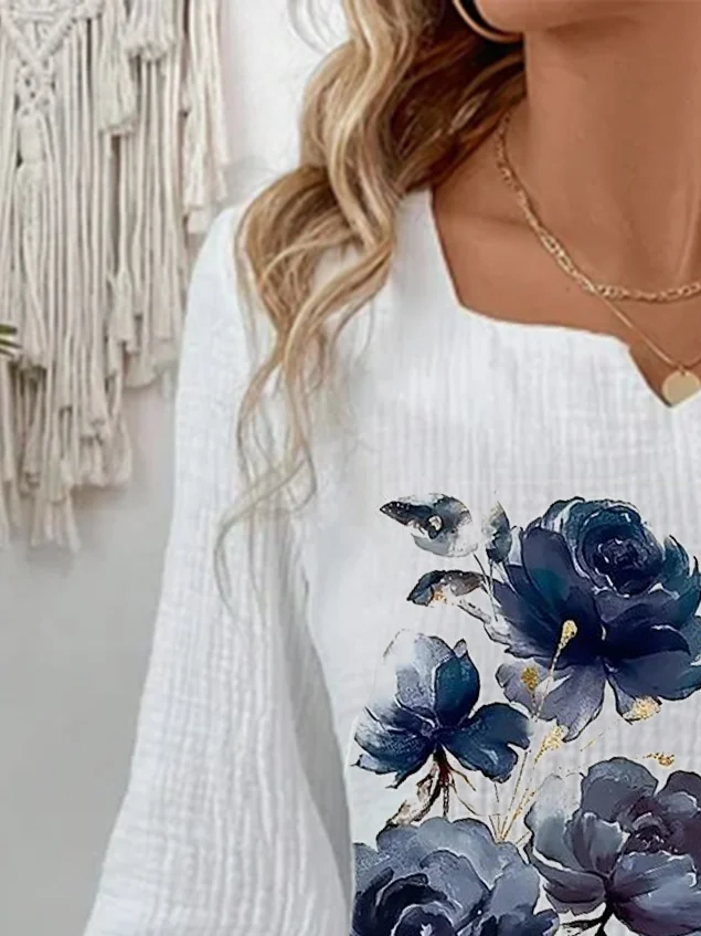 Casual Floral Notched Three Quarter Sleeve T-shirt