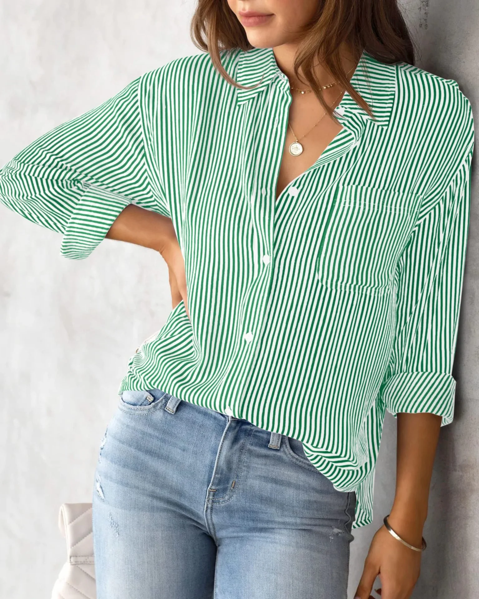 Shirt Collar Long Sleeve Striped Regular Loose Shirt For Women