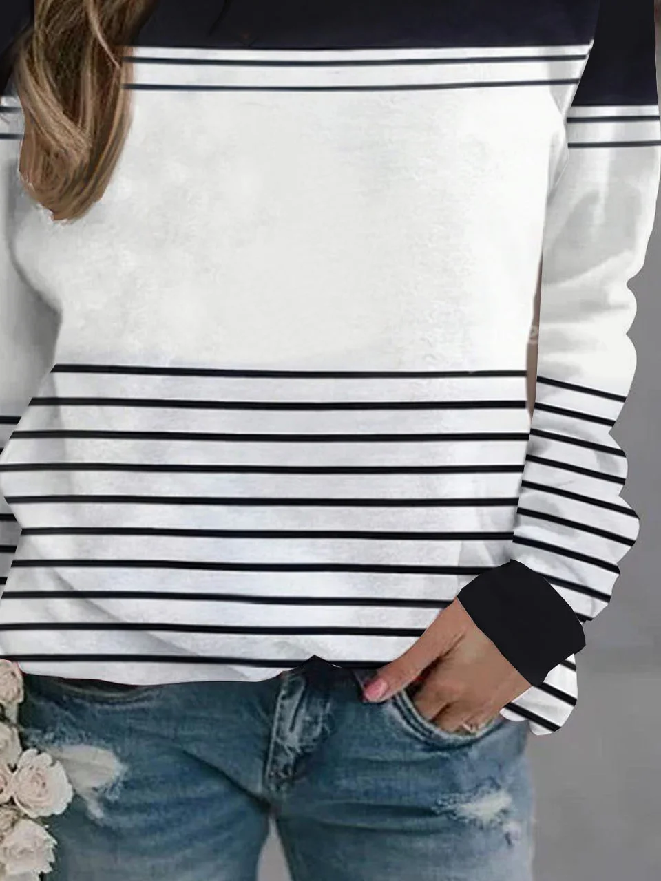 Casual Crew Neck Striped Sweatshirt