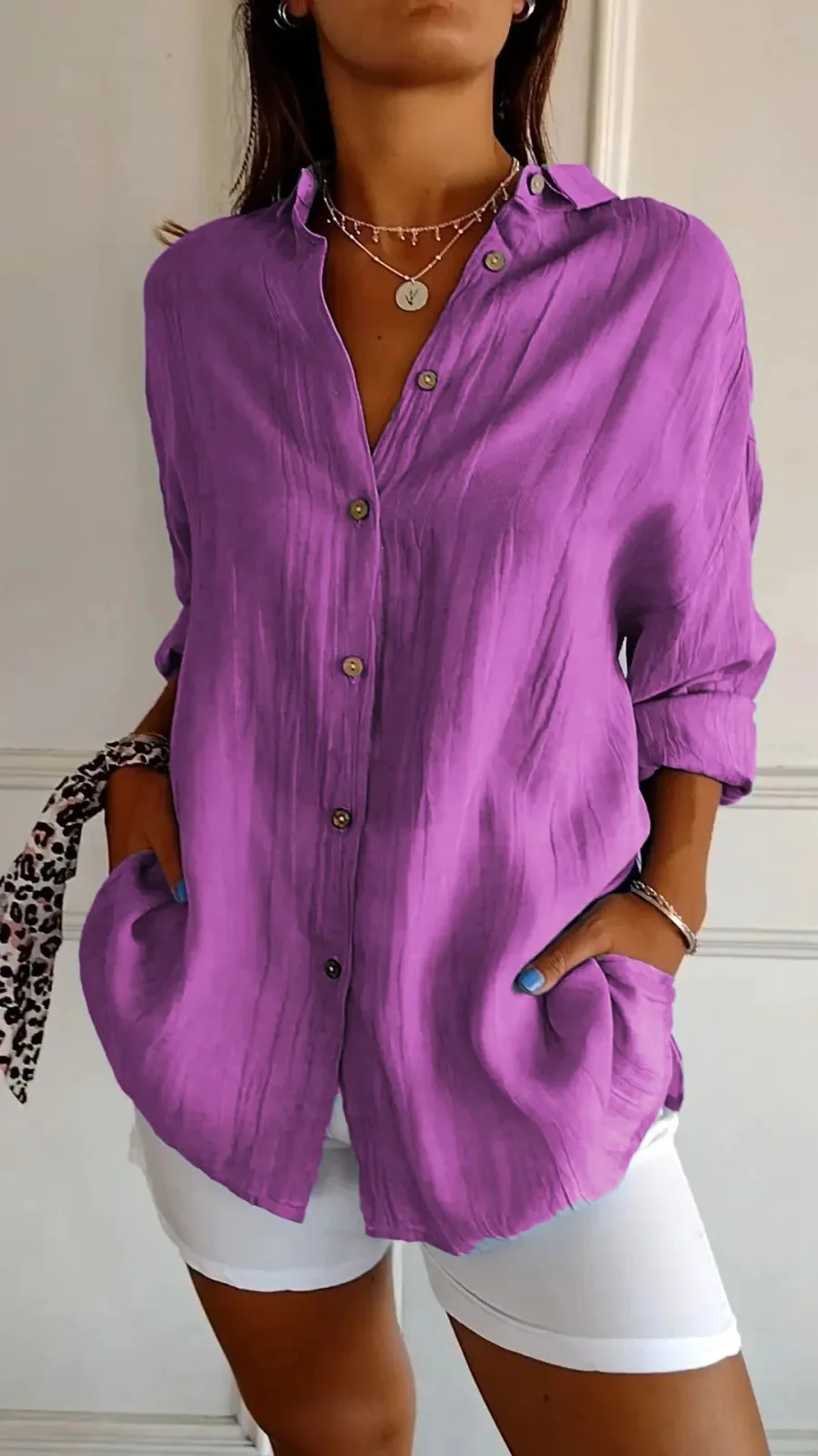 Shirt Collar Long Sleeve Plain Regular Loose Shirt For Women