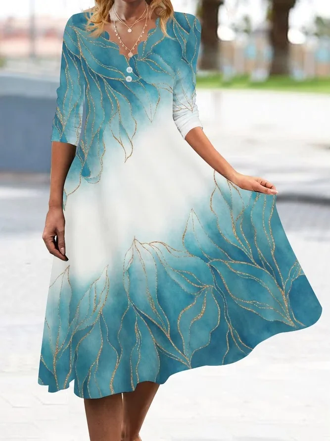 Women Floral V Neck Three Quarter Sleeve Comfy Casual Maxi Dress