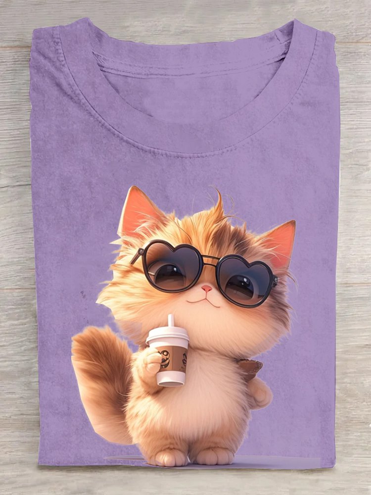 Casual Cat Crew Neck Short Sleeve T-shirt