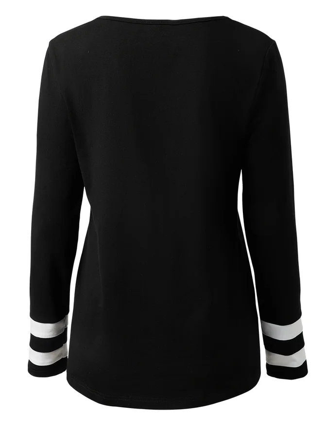 Casual Color Block V Neck Long Sleeve T-shirt