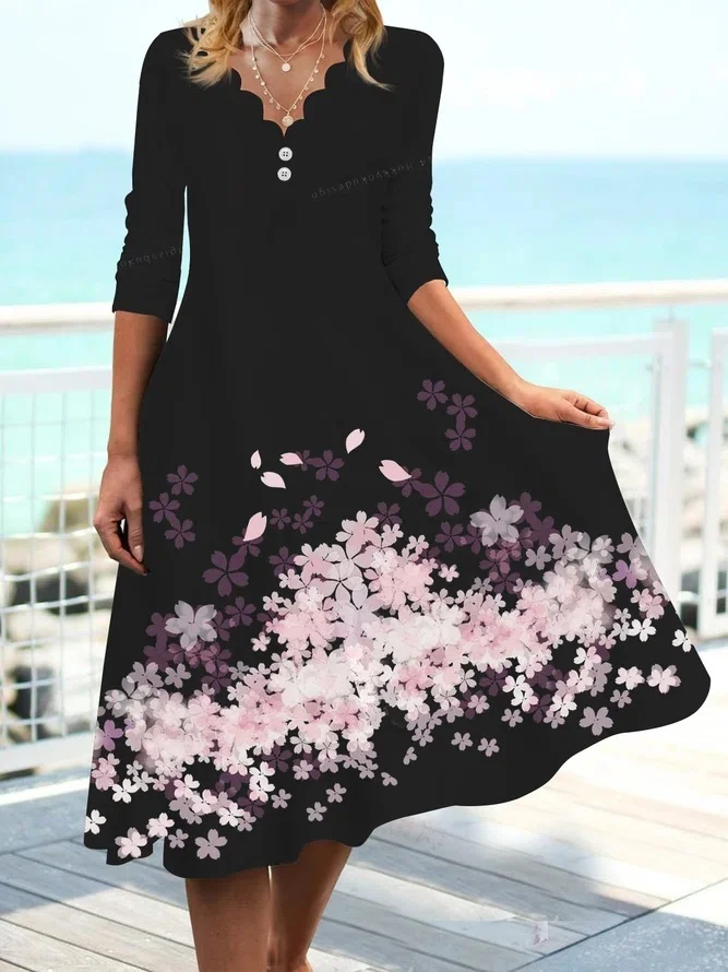 Women Floral V Neck Three Quarter Sleeve Comfy Casual Maxi Dress