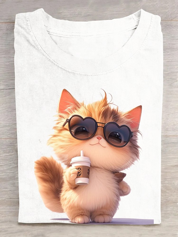 Casual Cat Crew Neck Short Sleeve T-shirt