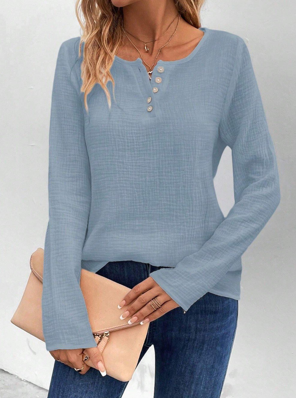 Crew Neck Long Sleeve Plain Regular Loose Mock Two-Piece Blouse For Women