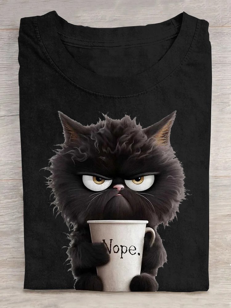 Casual Cat Crew Neck Short Sleeve T-shirt