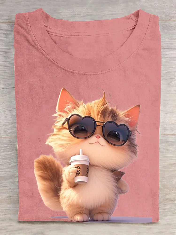 Casual Cat Crew Neck Short Sleeve T-shirt