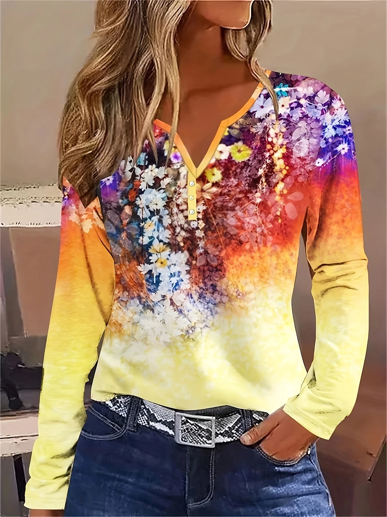 V Neck Long Sleeve Floral Regular Loose Blouse For Women