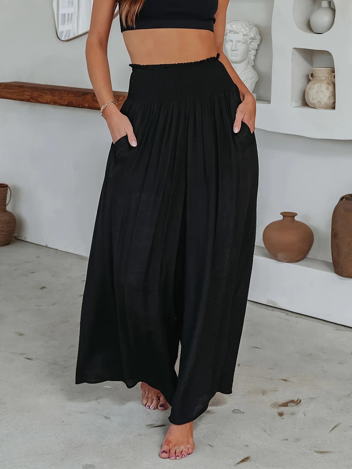 Casual Stretch Wide Leg High Waisted Palazzo Flare Pants with Pockets Loose Summer Beach Pants