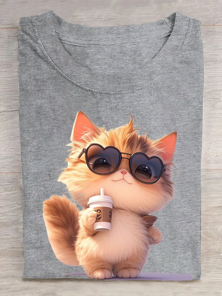 Casual Cat Crew Neck Short Sleeve T-shirt