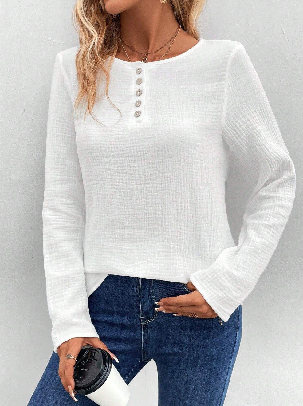 Crew Neck Long Sleeve Plain Regular Loose Mock Two-Piece Blouse For Women