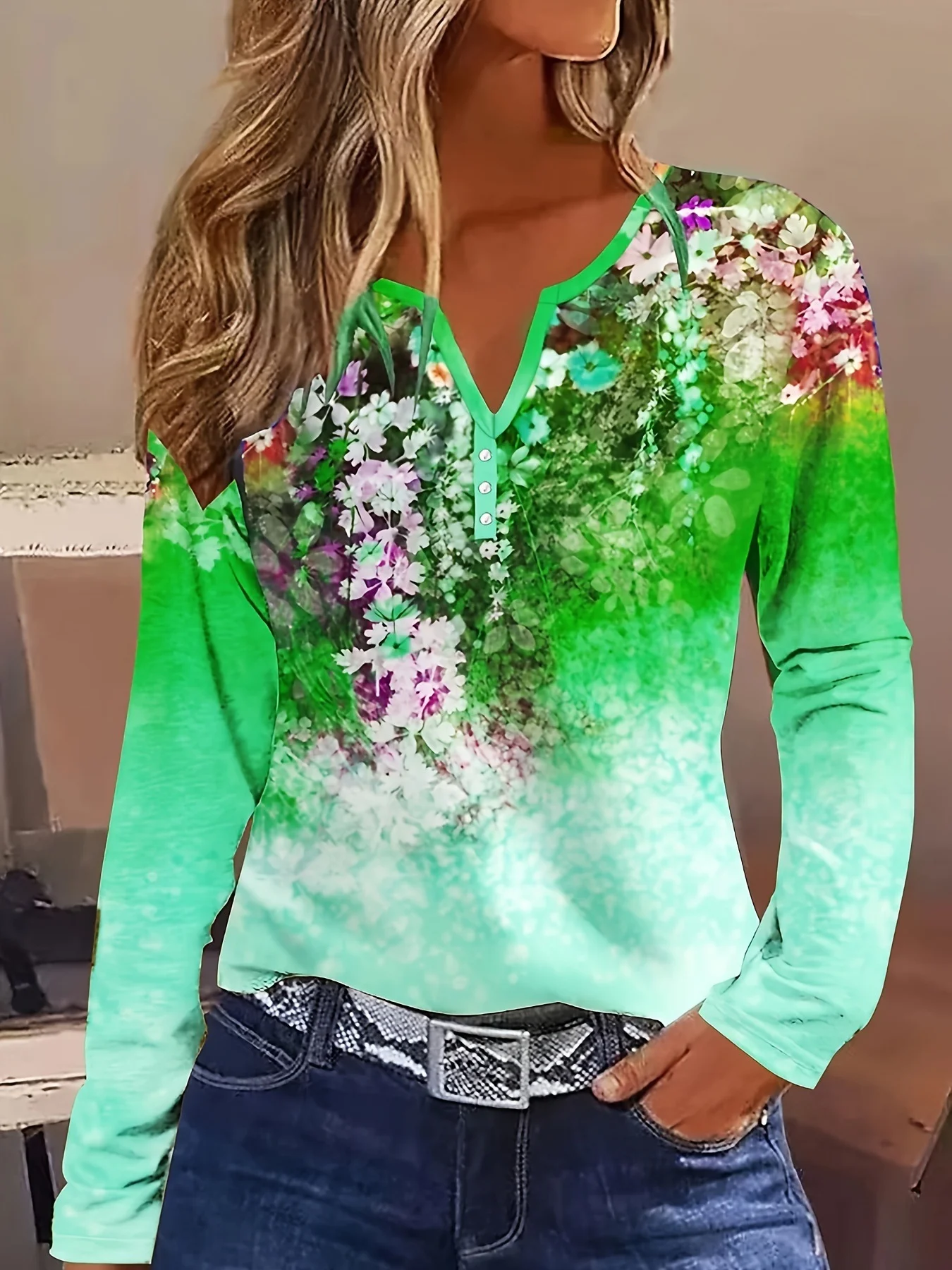 V Neck Long Sleeve Floral Regular Loose Blouse For Women