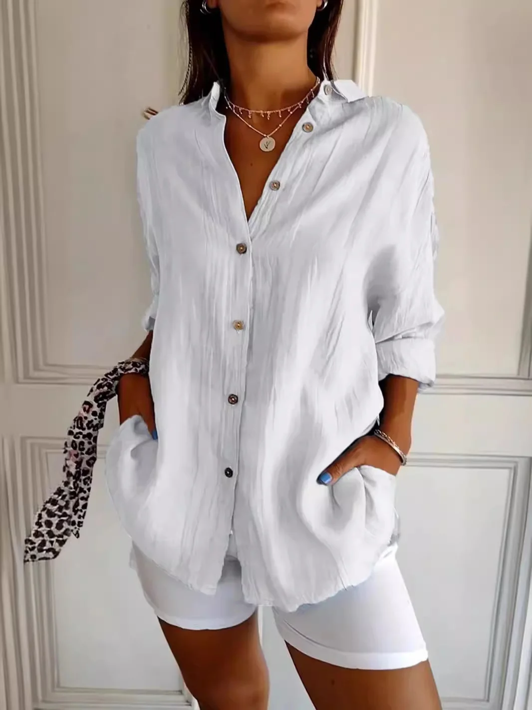 Shirt Collar Long Sleeve Plain Regular Loose Shirt For Women