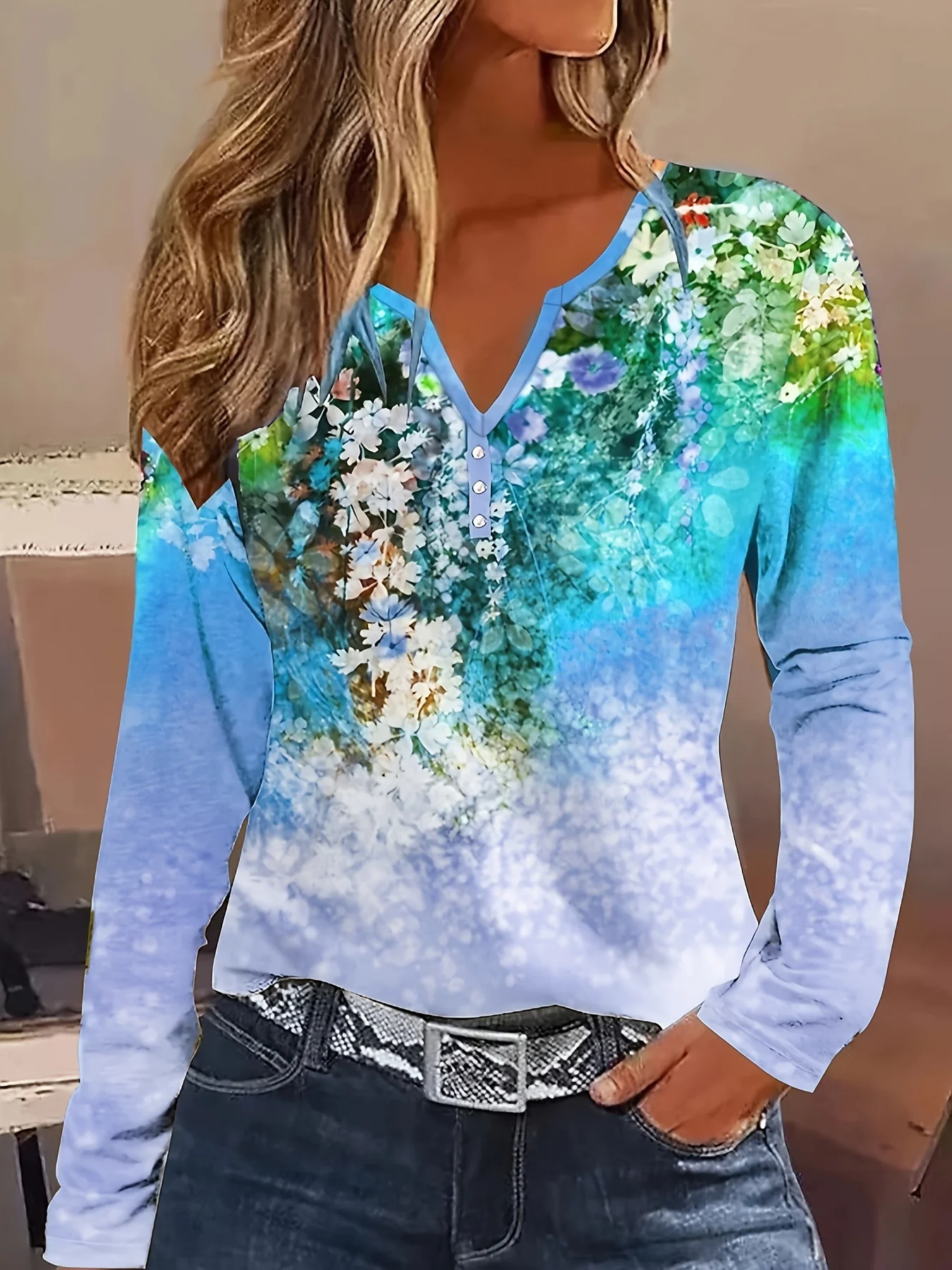 V Neck Long Sleeve Floral Regular Loose Blouse For Women