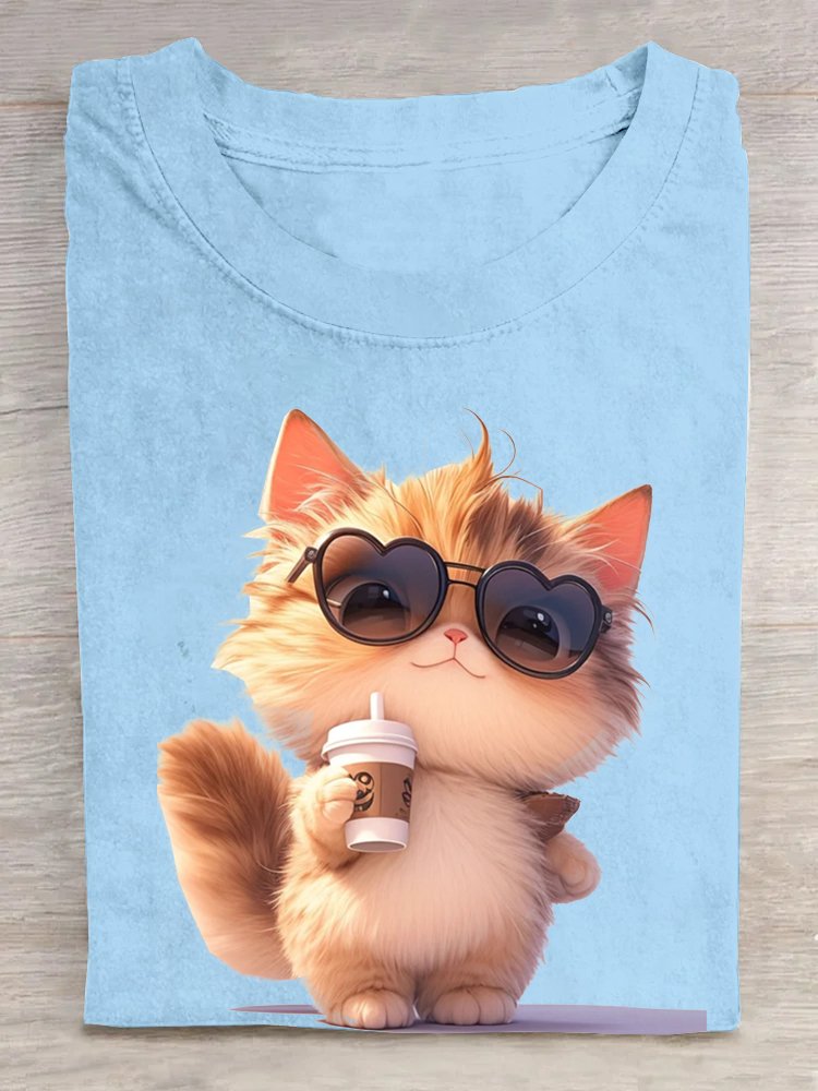 Casual Cat Crew Neck Short Sleeve T-shirt