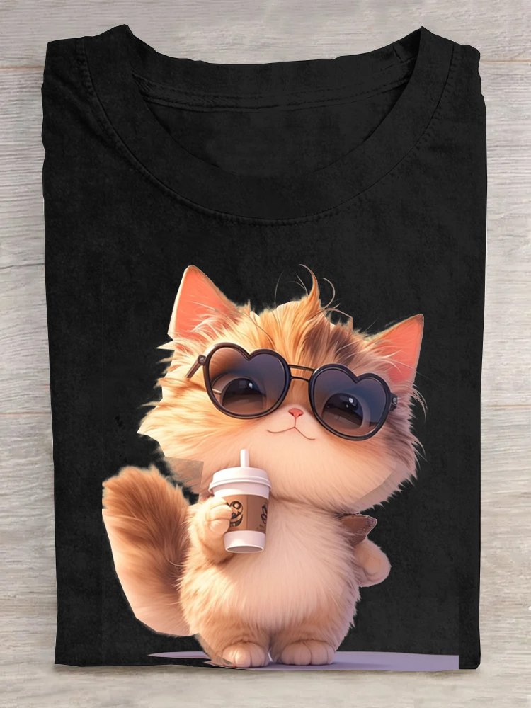 Casual Cat Crew Neck Short Sleeve T-shirt