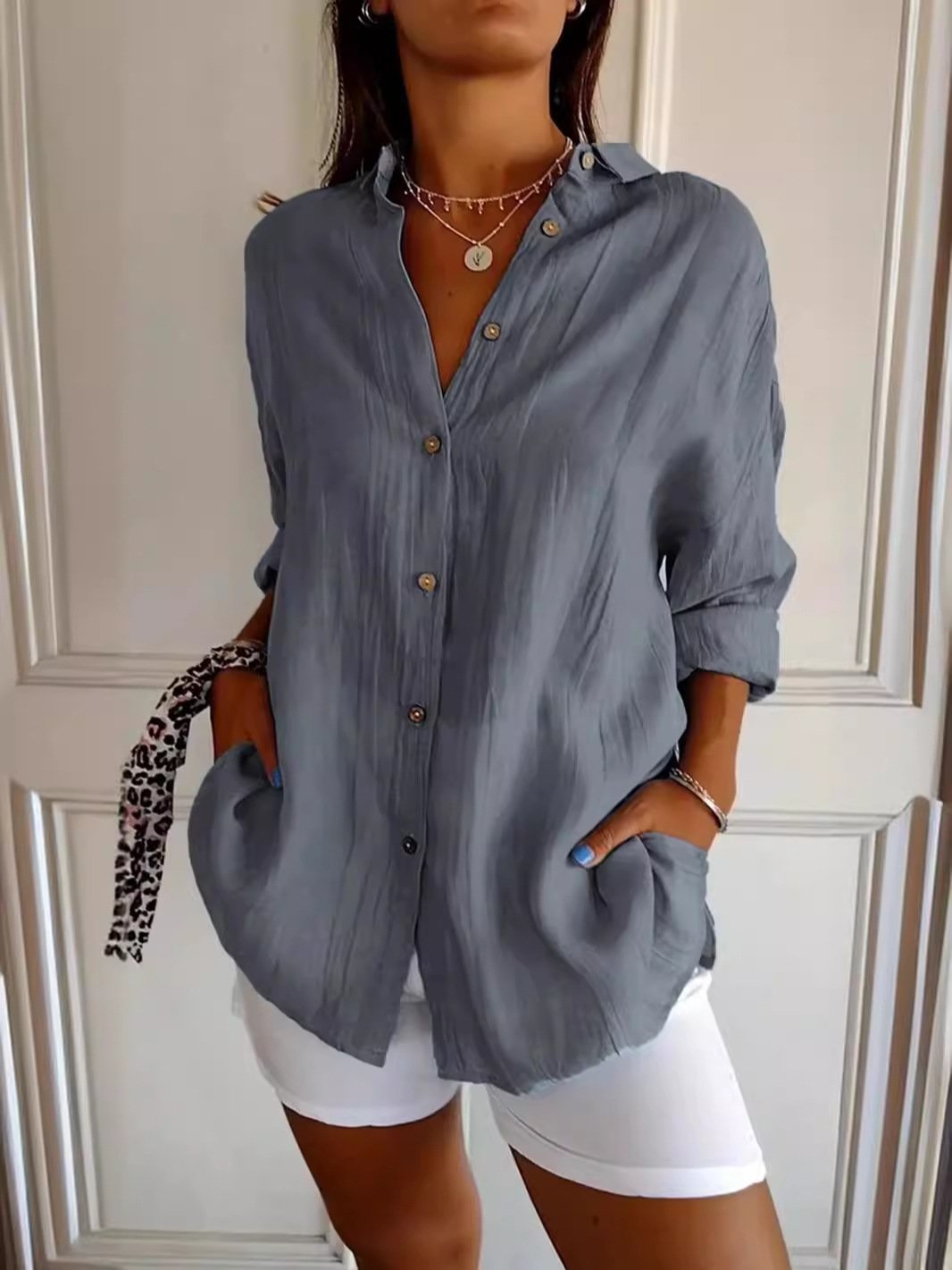 Shirt Collar Long Sleeve Plain Regular Loose Shirt For Women