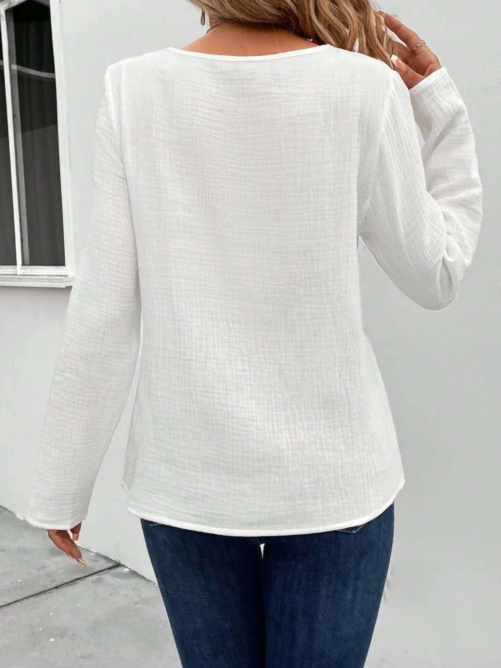 Crew Neck Long Sleeve Plain Regular Loose Mock Two-Piece Blouse For Women