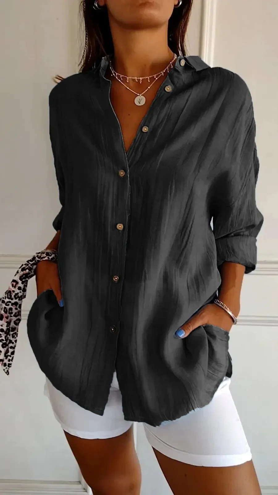 Shirt Collar Long Sleeve Plain Regular Loose Shirt For Women