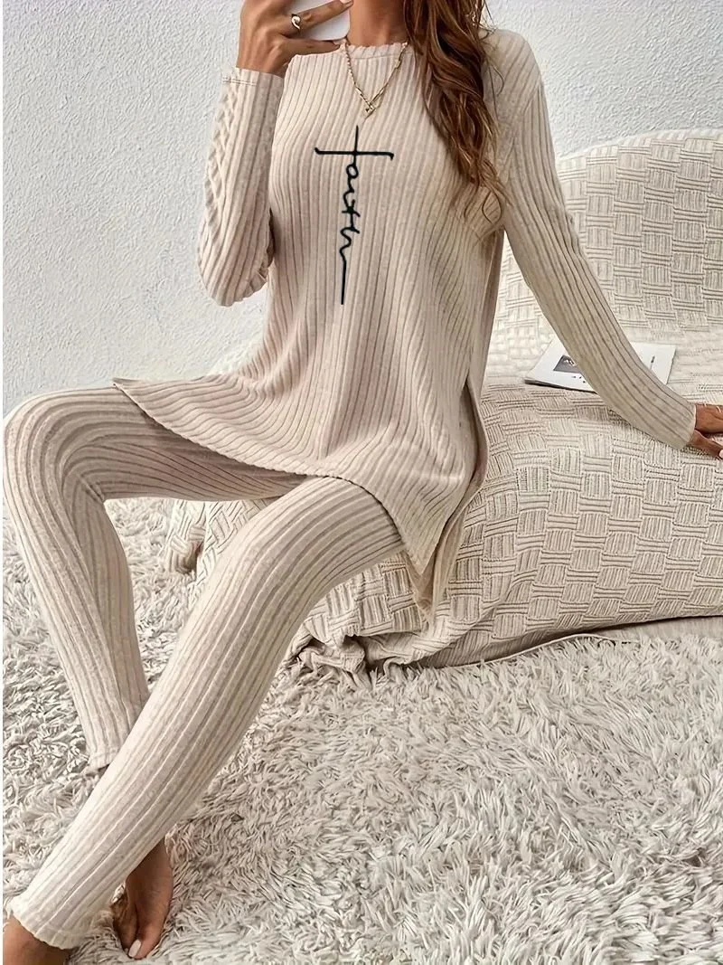 Women Plain Shawl Collar Long Sleeve Comfy Casual Top With Pants Two-Piece Set