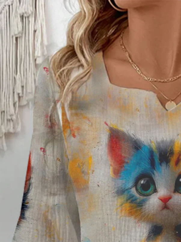 Casual Cat Notched Three Quarter Sleeve T-shirt