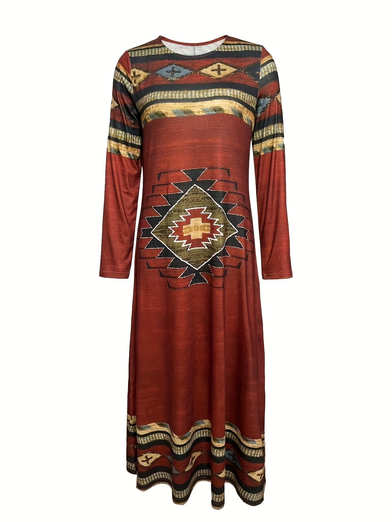 Women Ethnic Crew Neck Three Quarter Sleeve Comfy Casual Maxi Dress